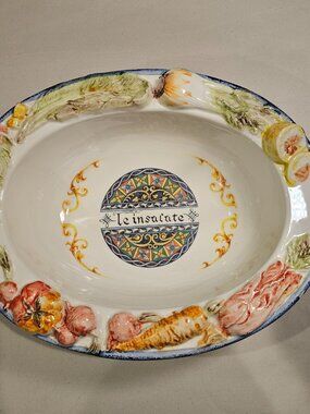 Polistampa Linea Ceramic Oval Serving Bowl 13” Embossed Vegetable Salad Dish